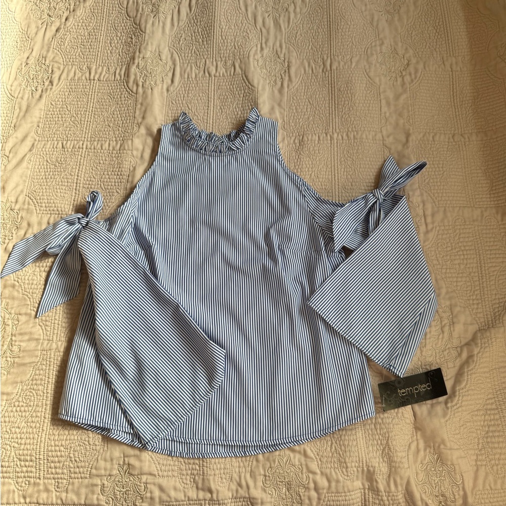 Tempted Navy and White Striped Long Sleeve Cold Shoulder Blouse